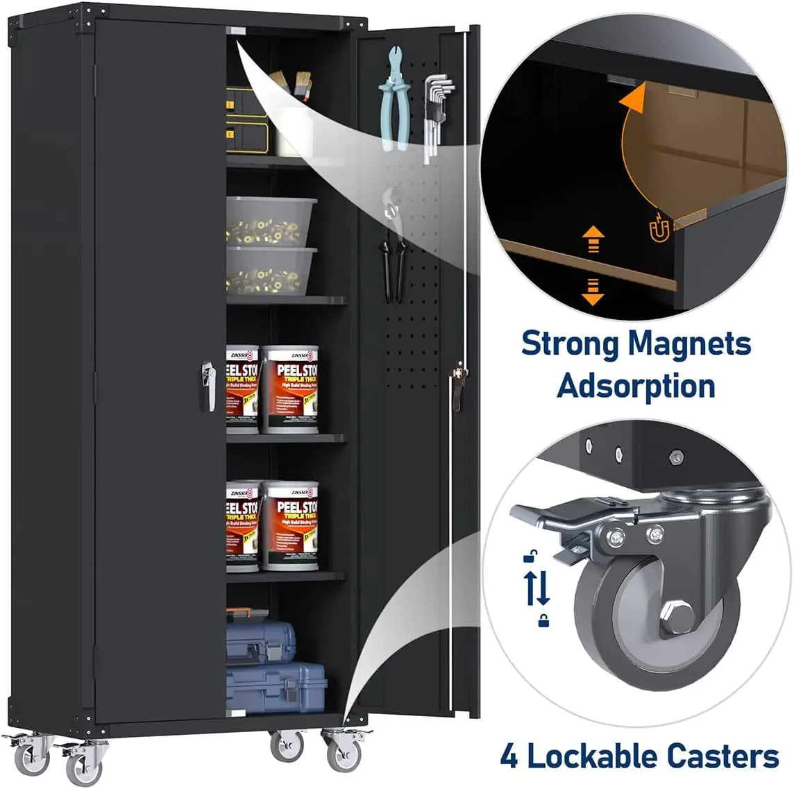 Wheeled Lockable Garage Cabinet with Pegboard