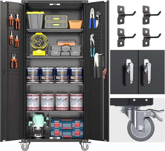 Wheeled Lockable Garage Cabinet with Pegboard